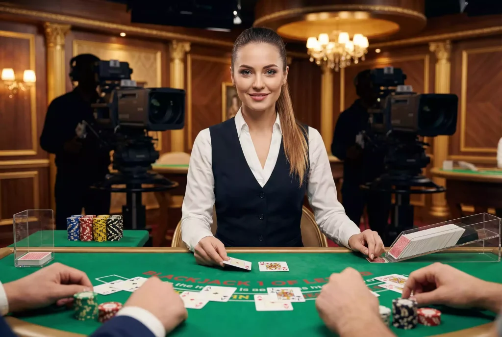 Live dealer blackjack table at sweepstakes casino with real croupier