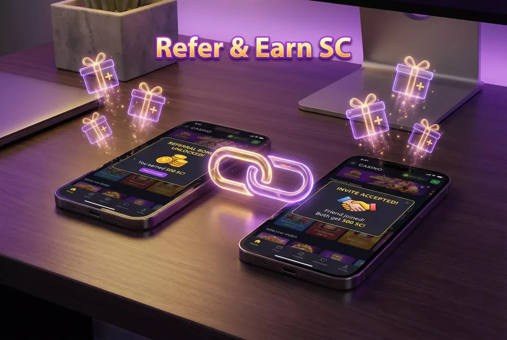 Sweepstakes casino referral program showing bonus rewards