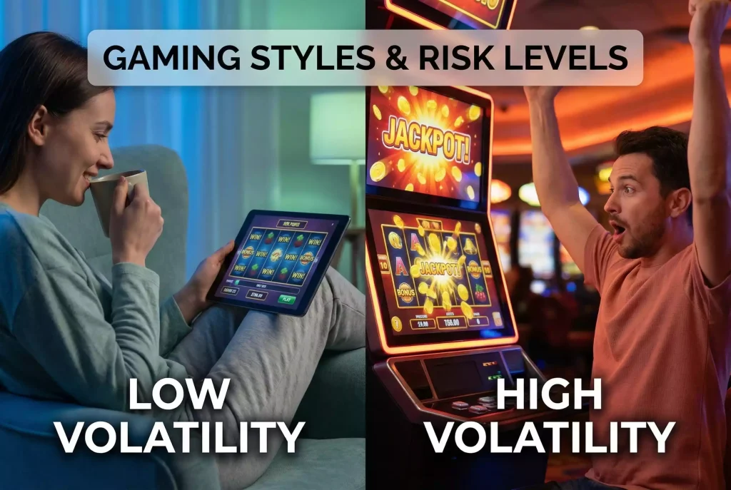 Slot volatility comparison showing high and low variance gameplay