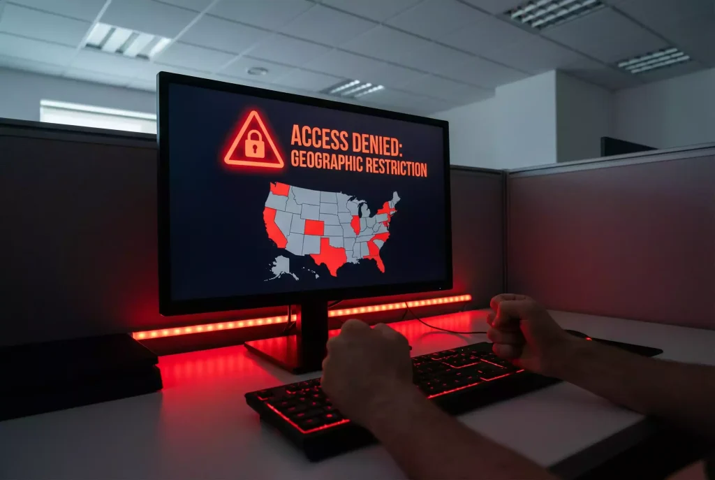 VPN warning with geolocation map showing sweepstakes casino restrictions