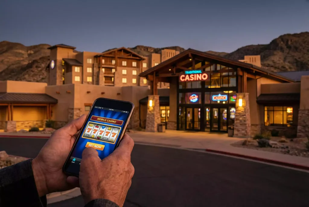 Tribal casino building contrasted with mobile sweepstakes casino app